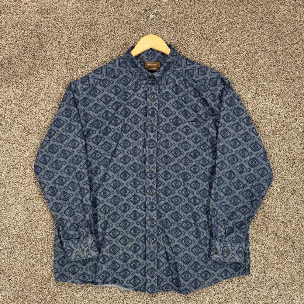 Ariat Keanu Shirt Mens 2XL Classic Fit Blue Cotton Geometric Western Cowboy